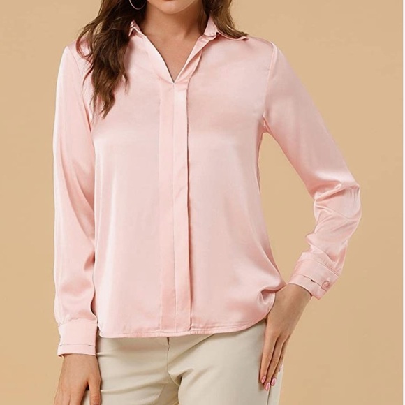 Allegra K Women's Elegant Blush Mauve Pink Long Sleeve Office Work Satin Blouse - Picture 2 of 9